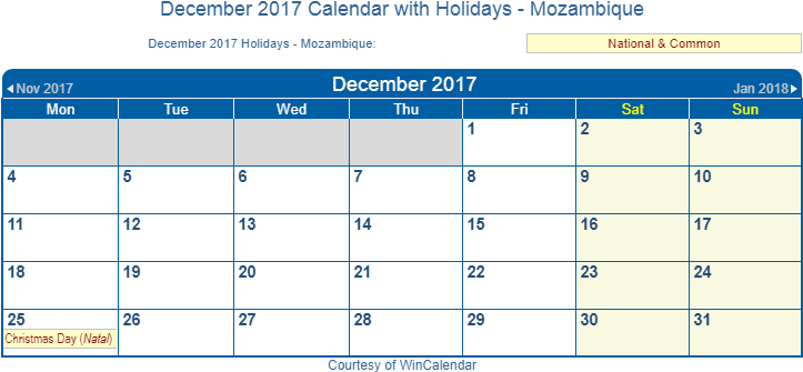 Mozambique December2017 Calendarwith Holidays