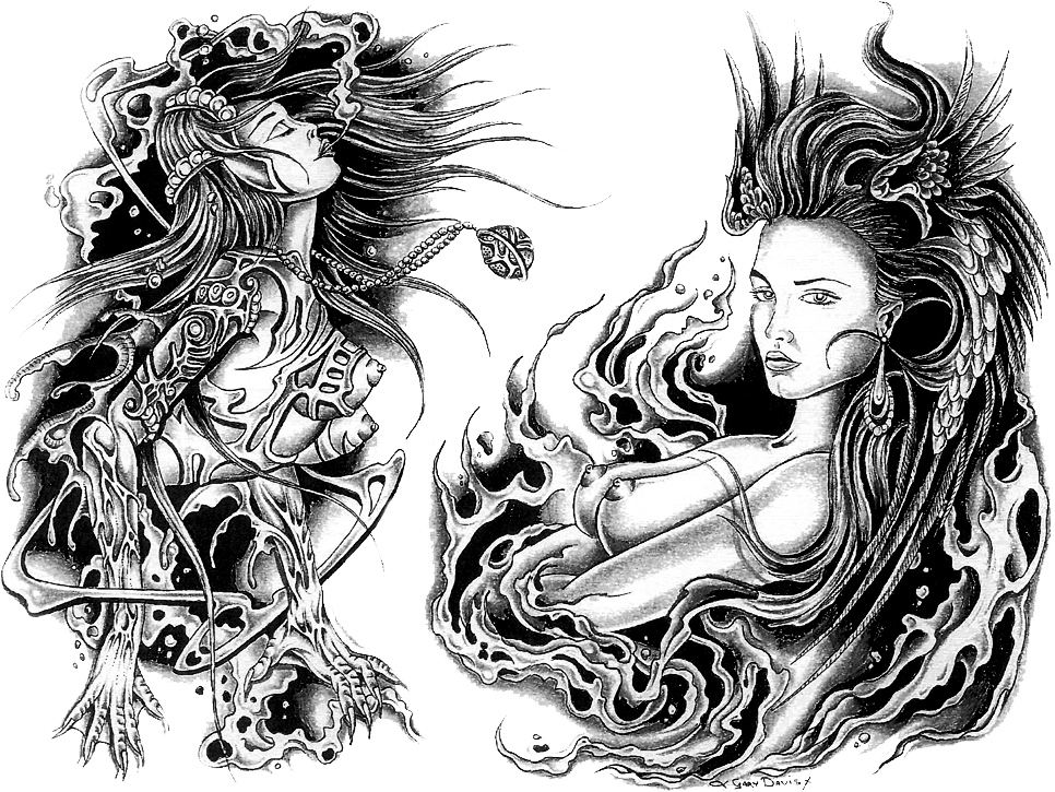 Mystical Women Fireand Water Tattoo Design