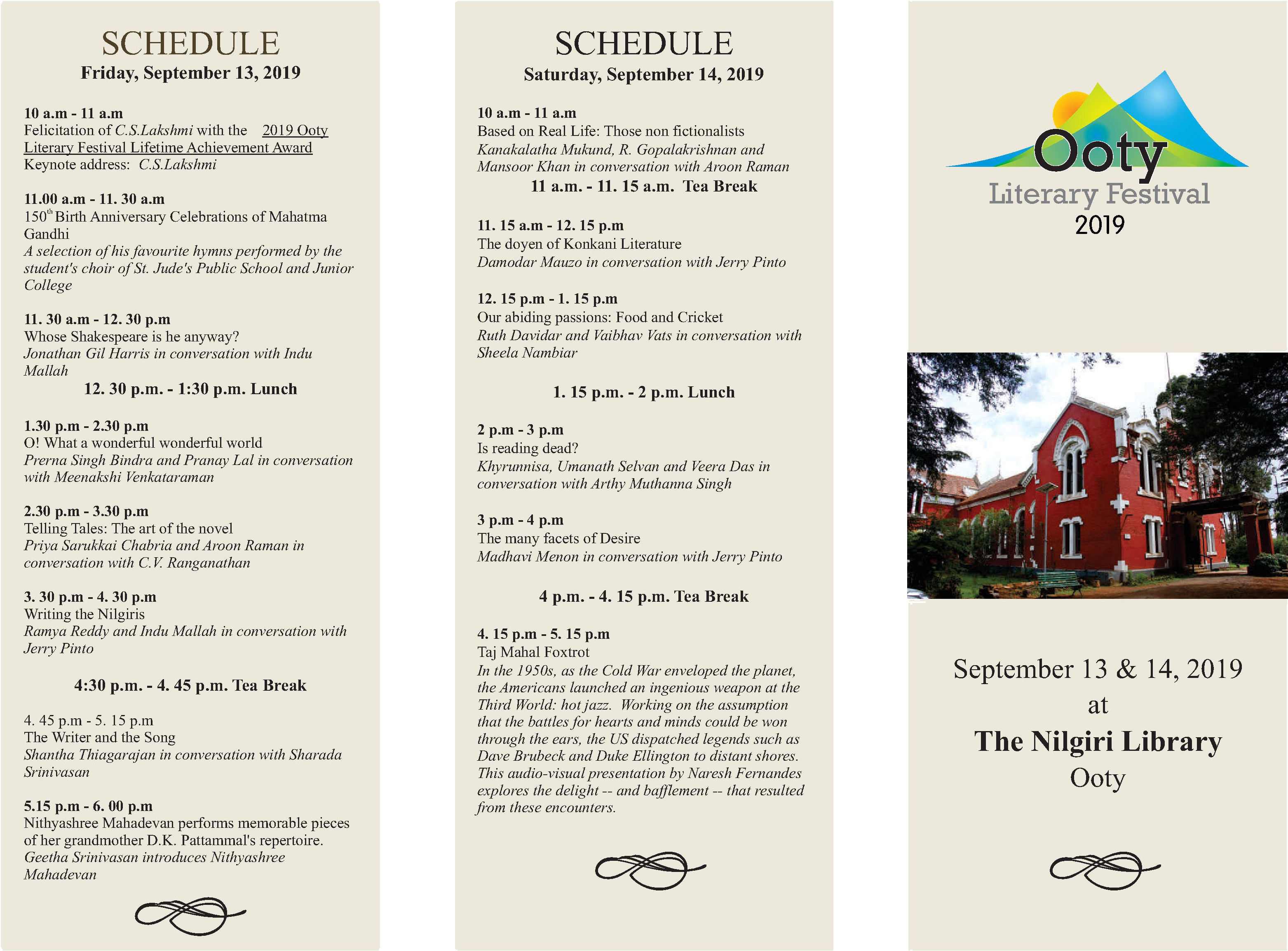 Ooty Literary Festival2019 Schedule