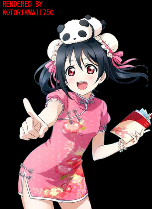 Panda Hat Anime Girlin Pink Cheongsam