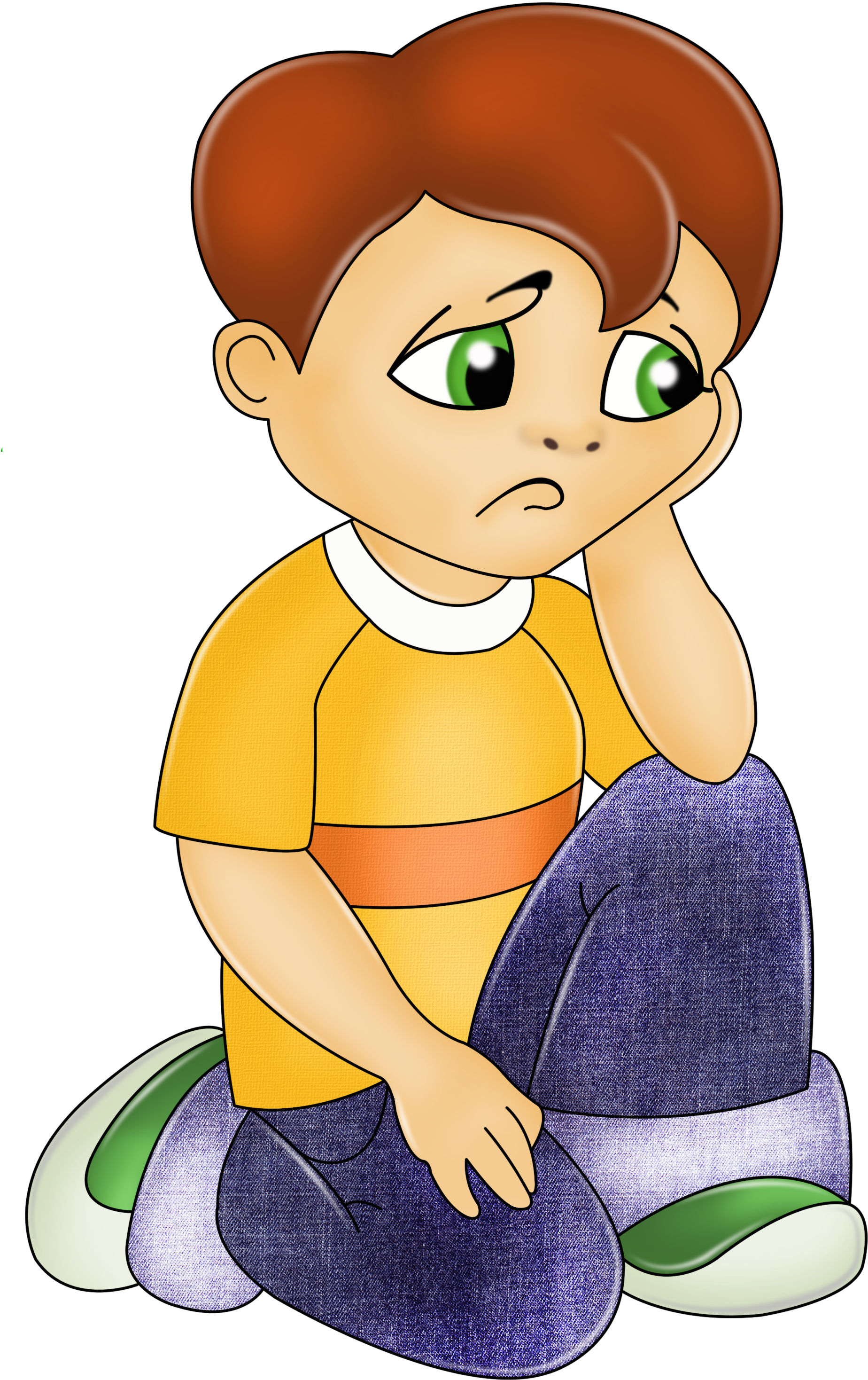 Pensive Cartoon Boy Sitting