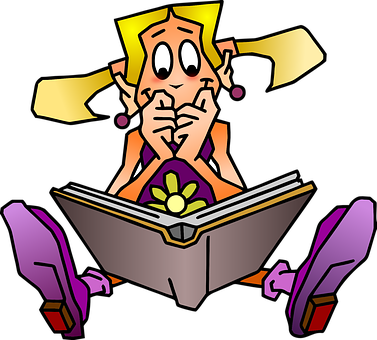 Pensive Cartoon Girl Reading Book