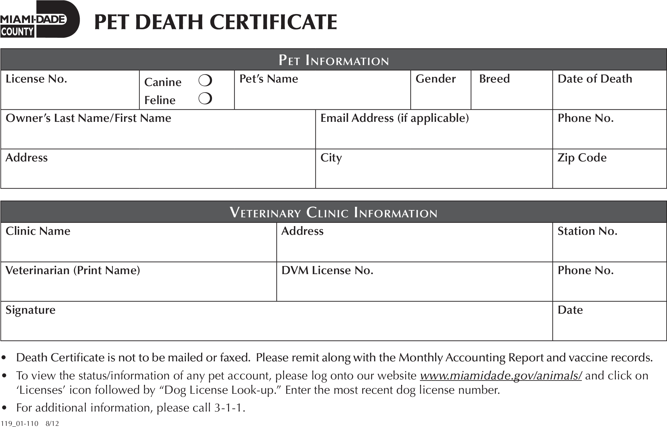 Pet Death Certificate Template Miami Dade County