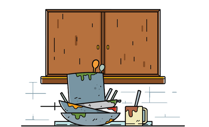 Piled Dishes Cartoon Kitchen Scene