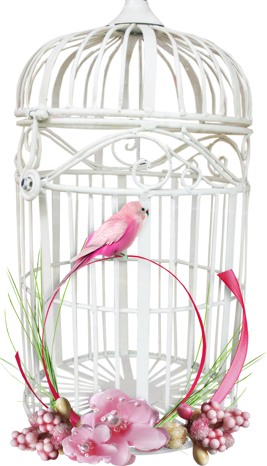 Pink Bird White Cage Floral Decoration.png