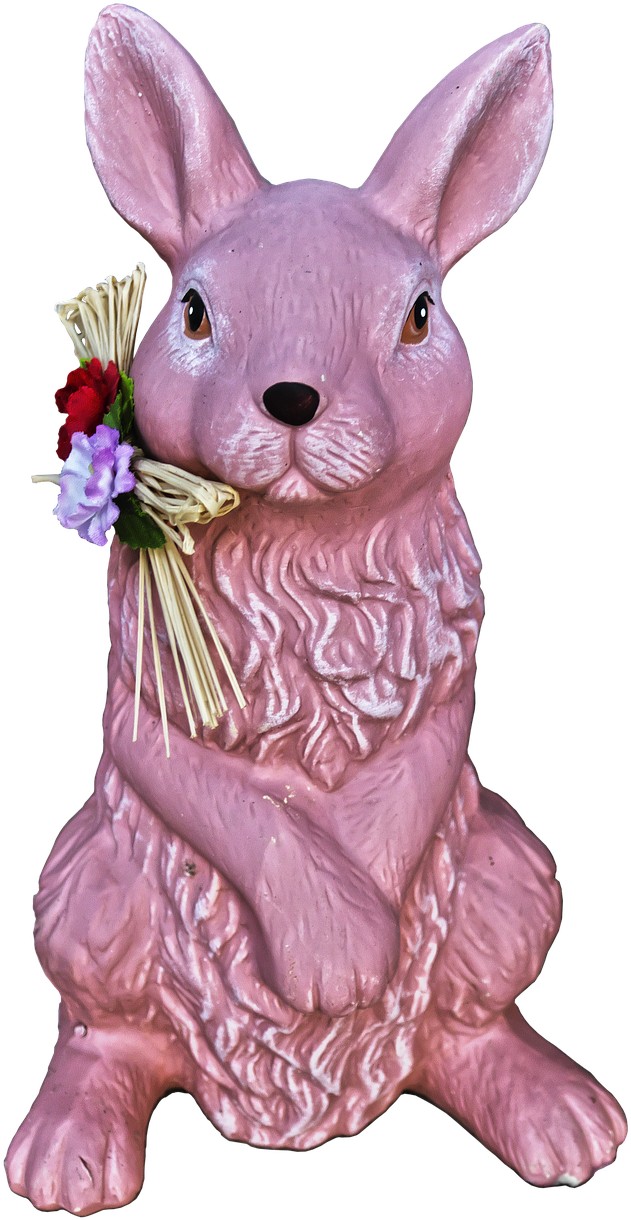 Pink Bunny Figurine Holding Flowers