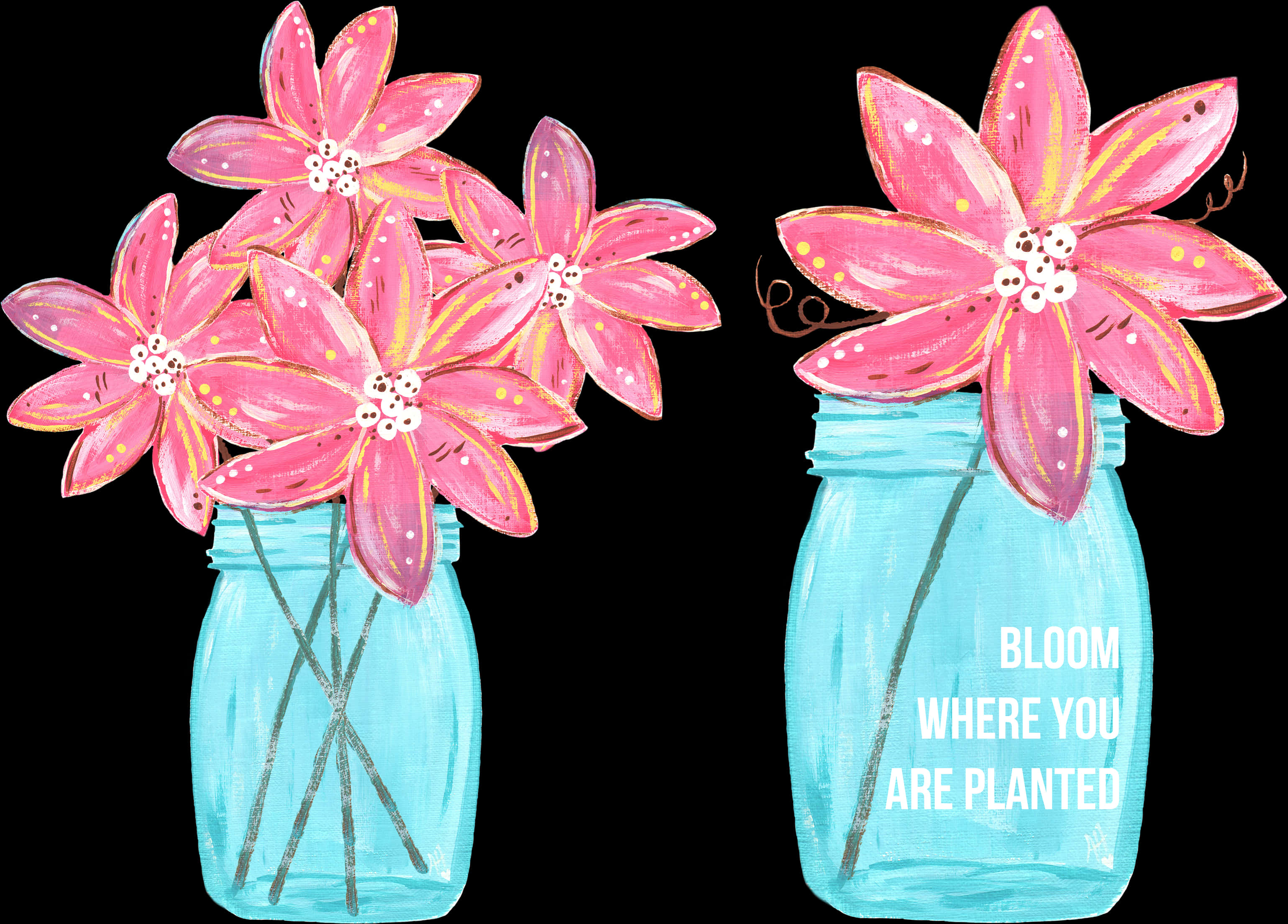 Pink Flowersin Blue Jars Inspirational Quote