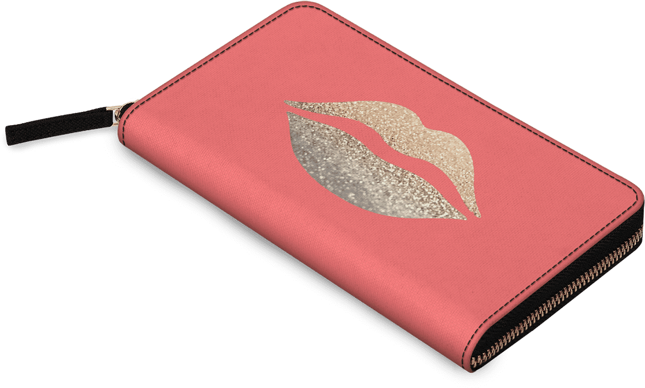 Pink Zippered Walletwith Glitter Lips Design