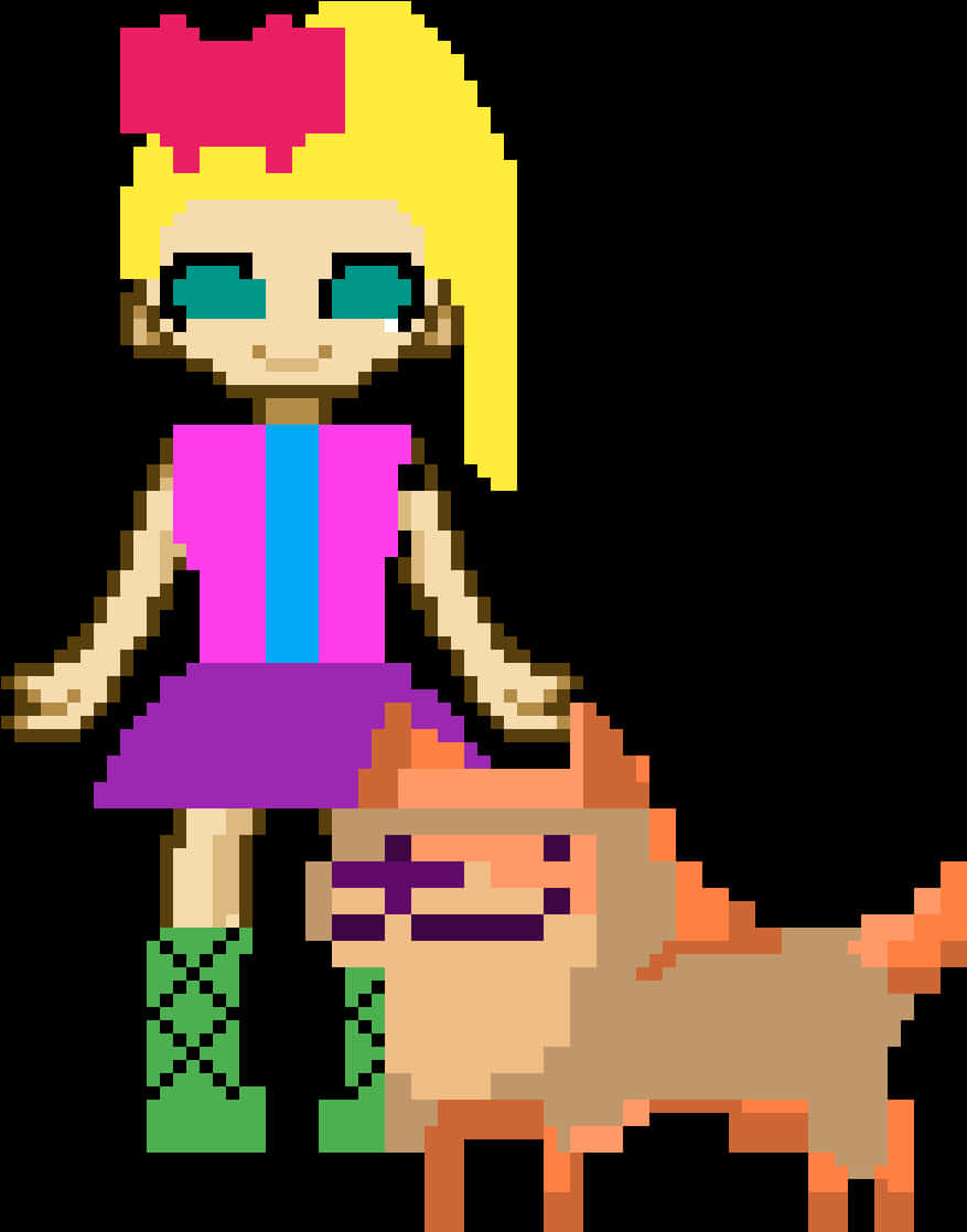 Pixel Art Girlwith Bowand Pet Dog