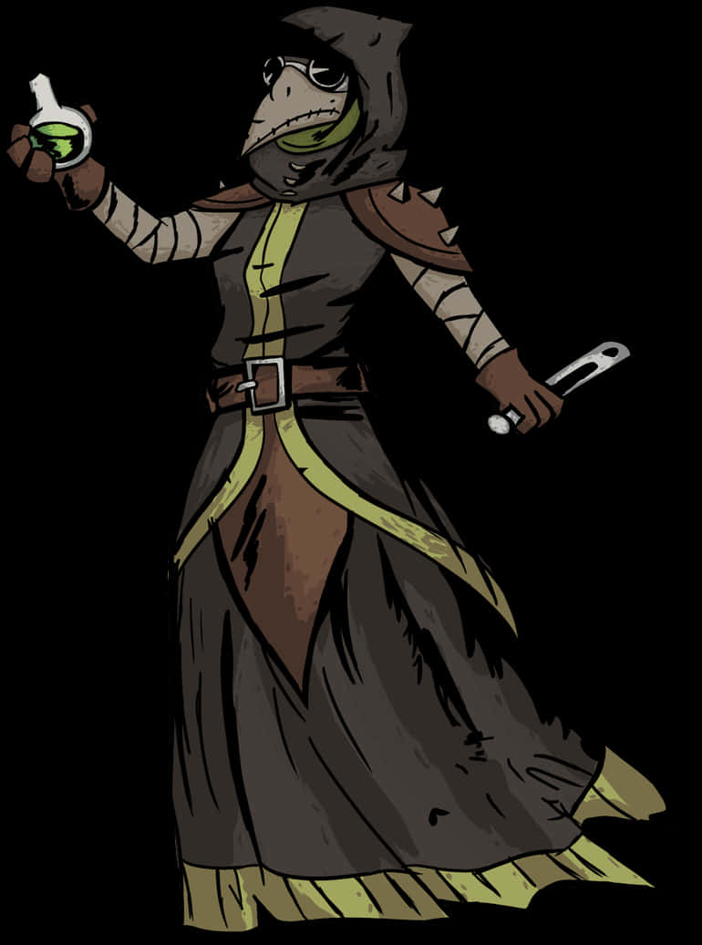 Plague Doctor Cartoon Holding Vial