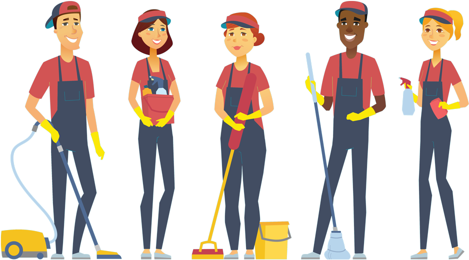 Professional Cleaning Team Cartoon