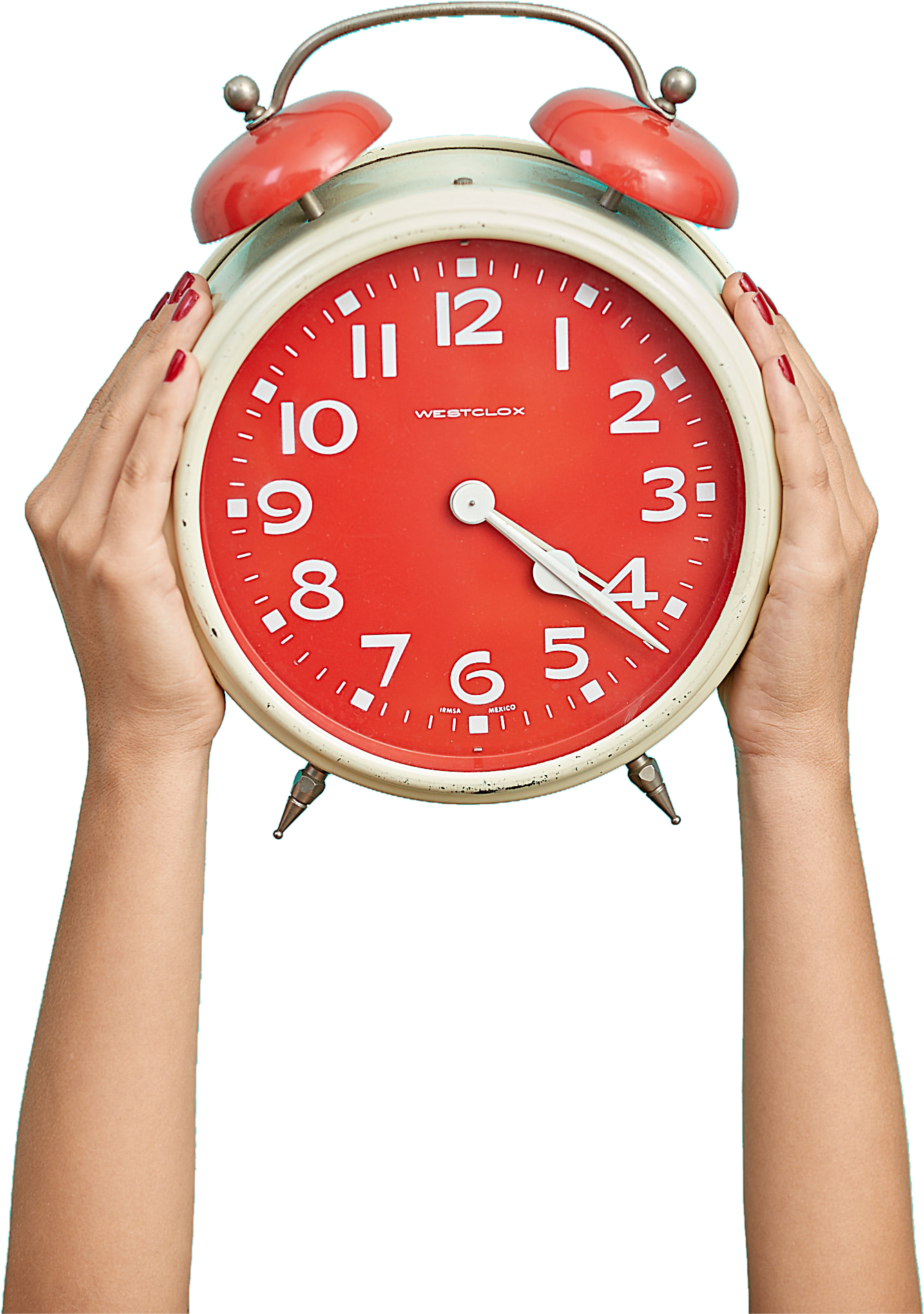 Red Alarm Clock Heldin Hands