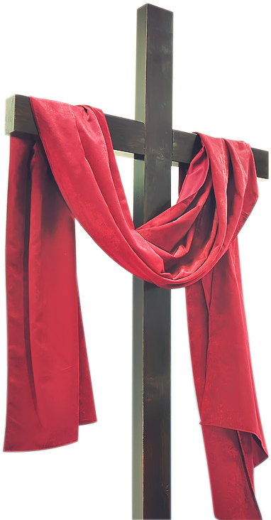 Red Fabric Draped Wooden Cross