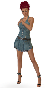 Red Haired3 D Modelin Denim Outfit