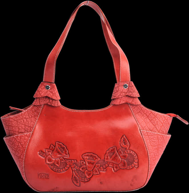 Red Leather Floral Embossed Handbag