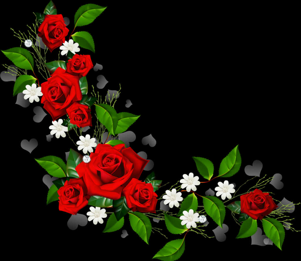 Red Roses White Flowers Black Background