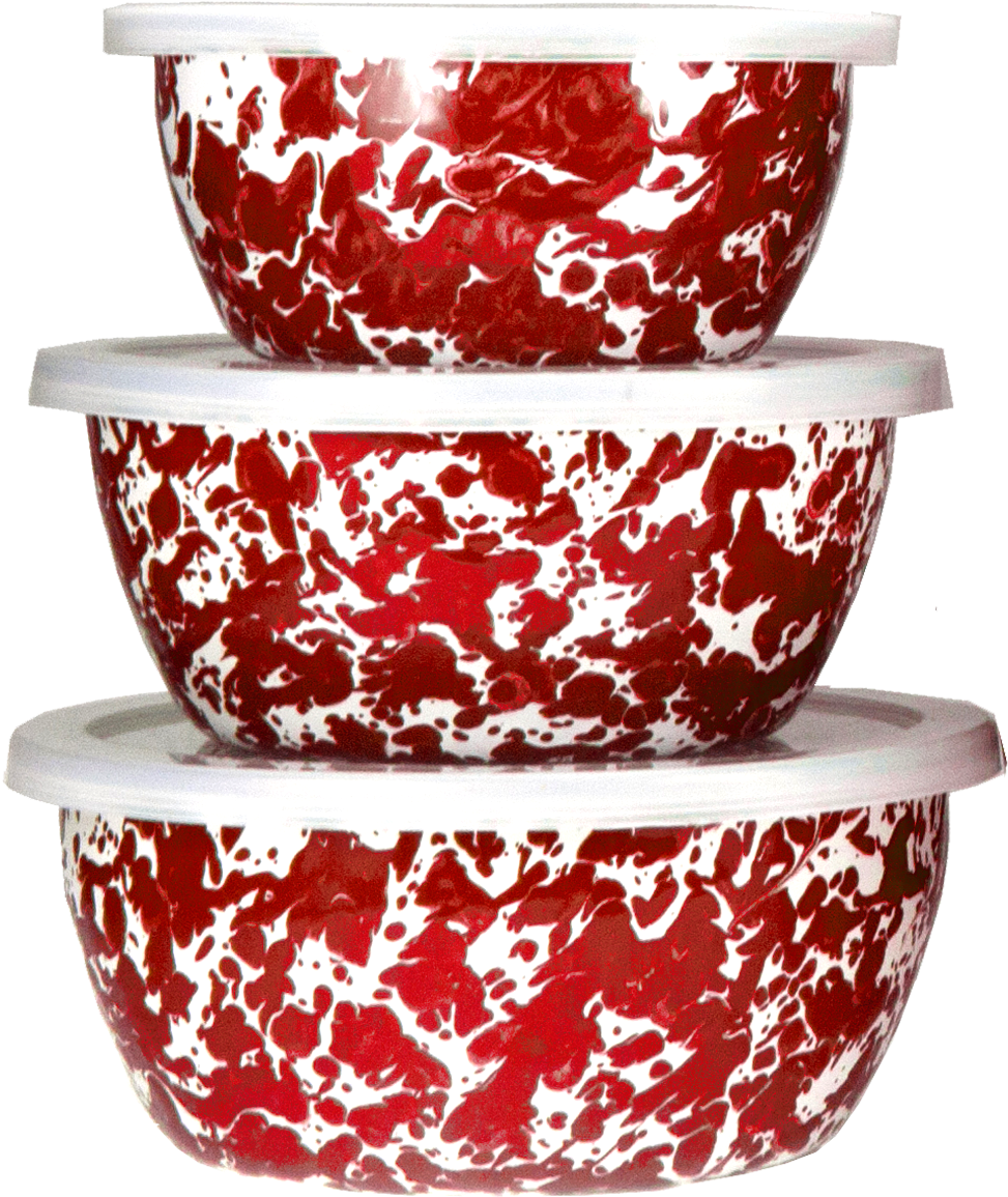 Red Splatter Enamel Bowls Stacked