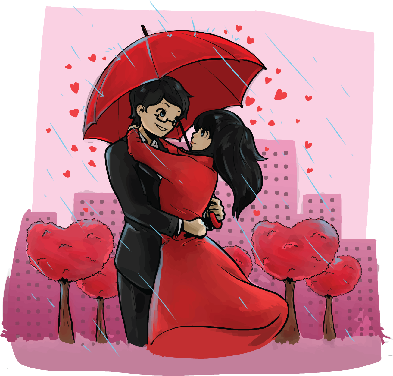 Romantic Umbrella Embrace Cityscape Love
