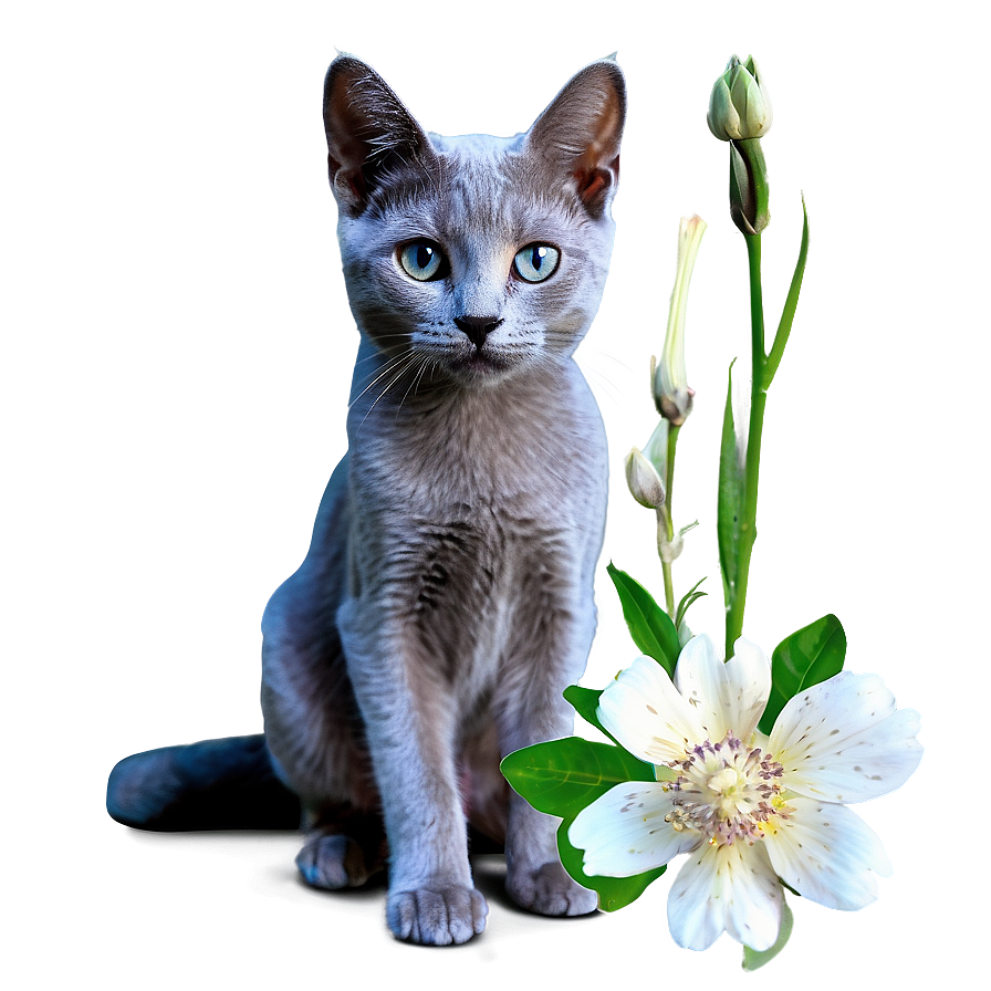 Russian Blue Cat And Flowers Png 06272024