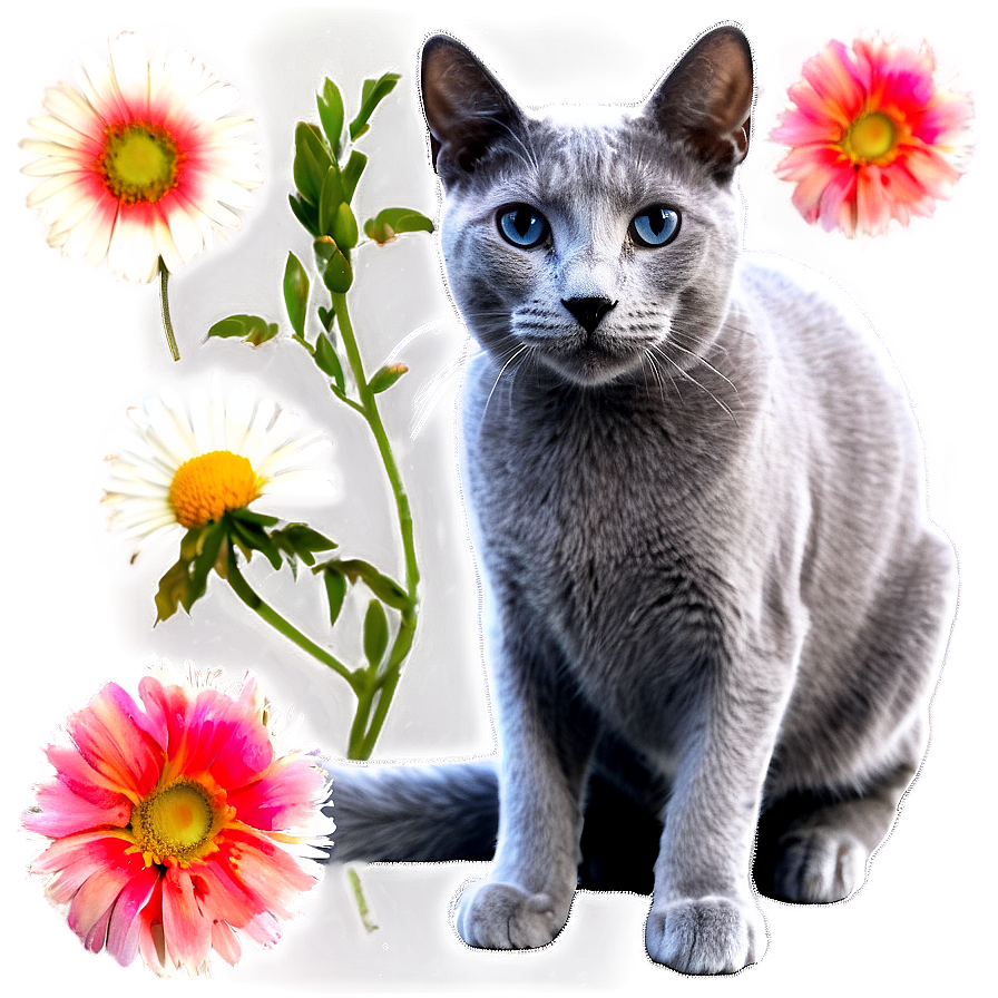 Russian Blue Cat And Flowers Png Yoq