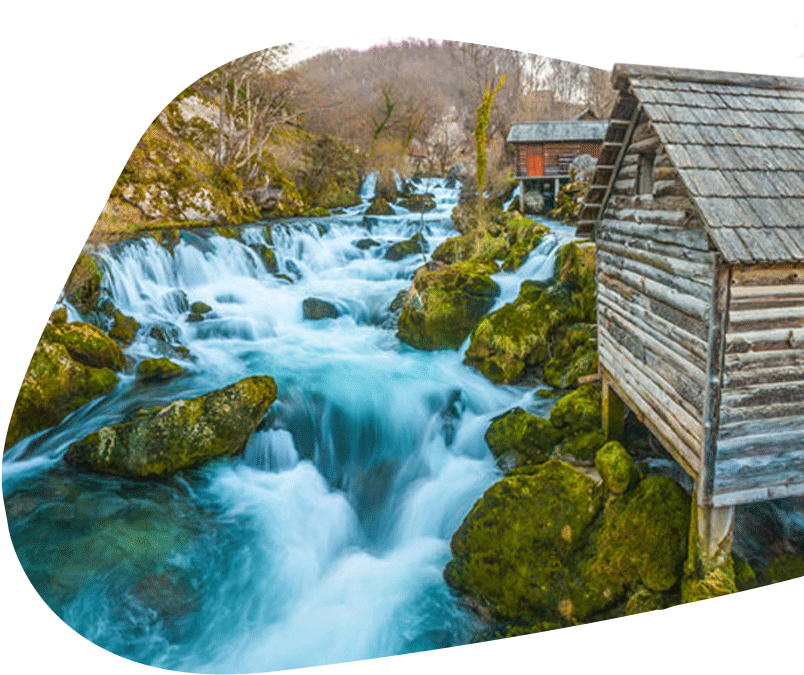 Rustic Watermill By River Waterfall