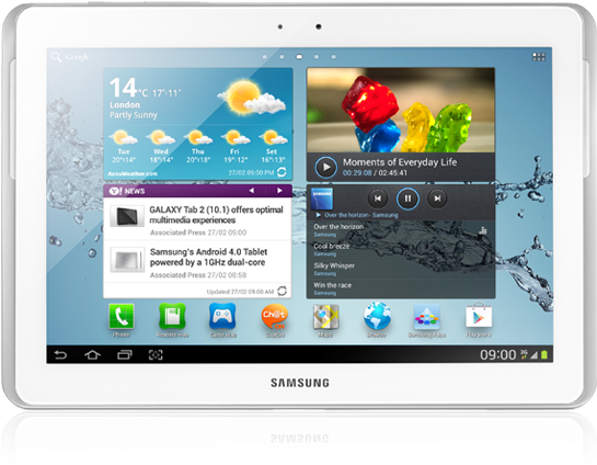 Samsung Tablet Displaying Weatherand Multimedia