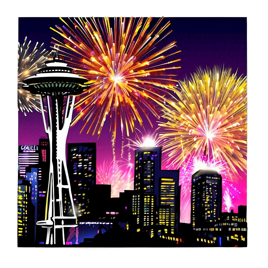 Seattle Skyline With Fireworks Png 06252024