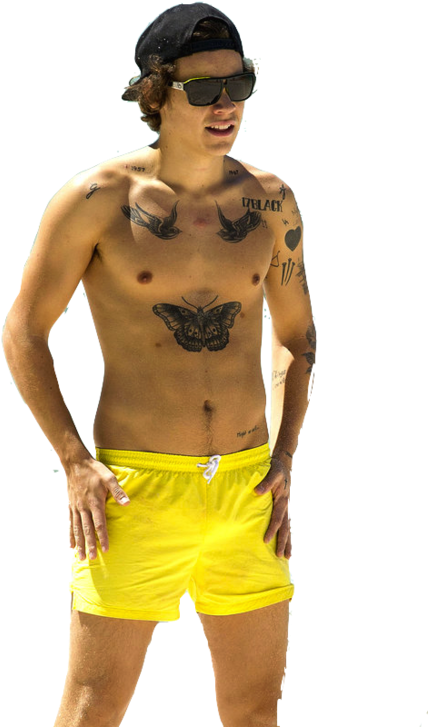 Shirtless Man Yellow Shorts Tattoos