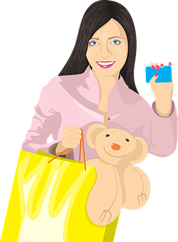 Shopping Girl With Teddy Bear And Card Illustration