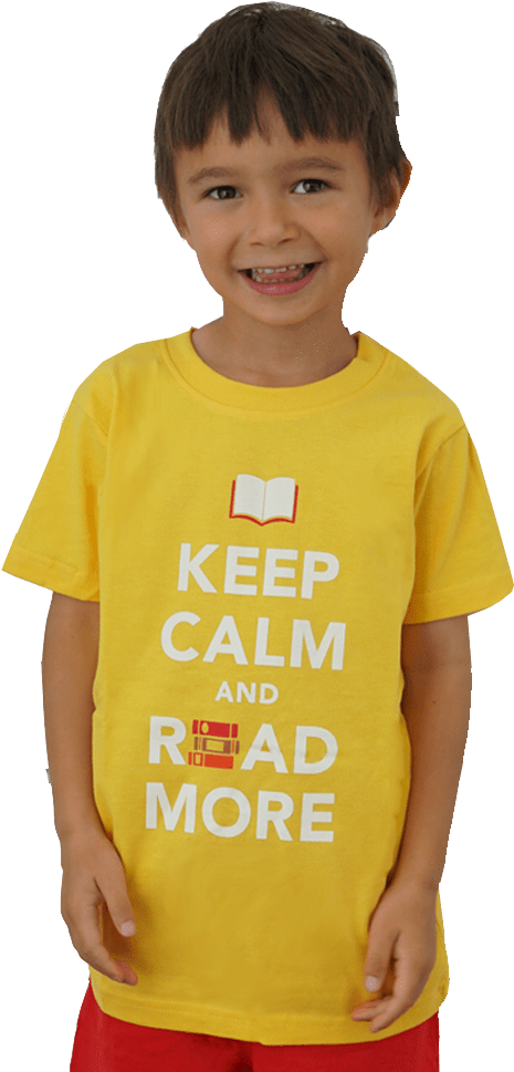 Smiling Child Yellow Reading Shirt