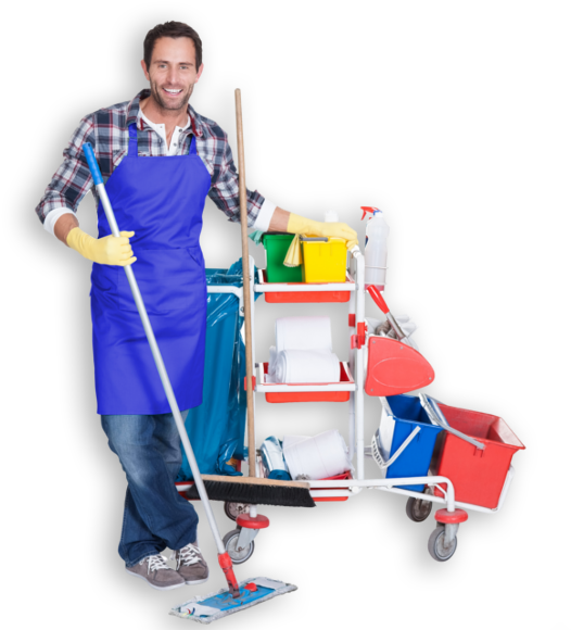 Smiling Janitor With Cleaning Cartand Mop