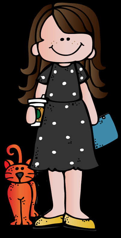Smiling Teacher With Coffee And Red Cat Clipart