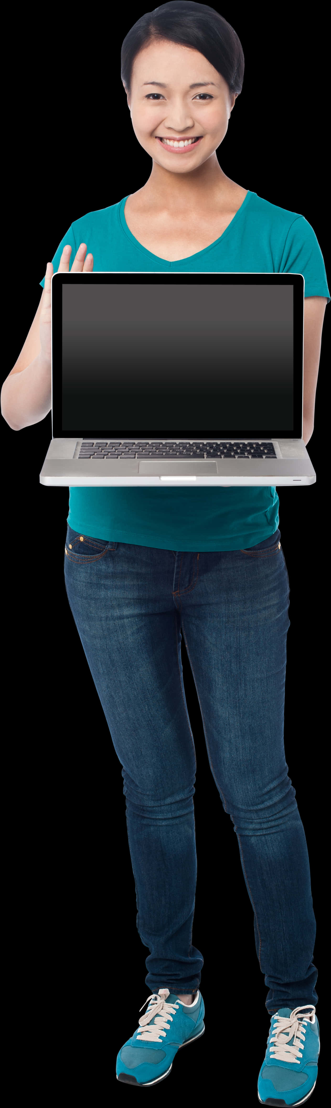 Smiling Woman Presenting Laptop