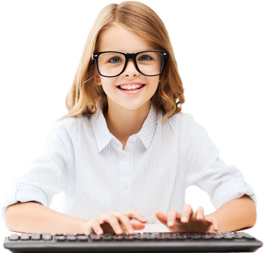 Smiling Young Girl With Glasses Using Keyboard