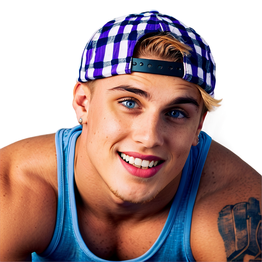 Smiling Young Man Blue Tank Top Cap