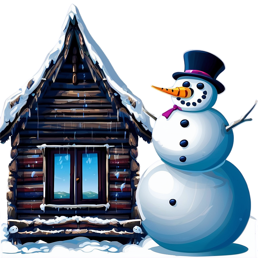 Snowman And Winter Cabin Png Qds
