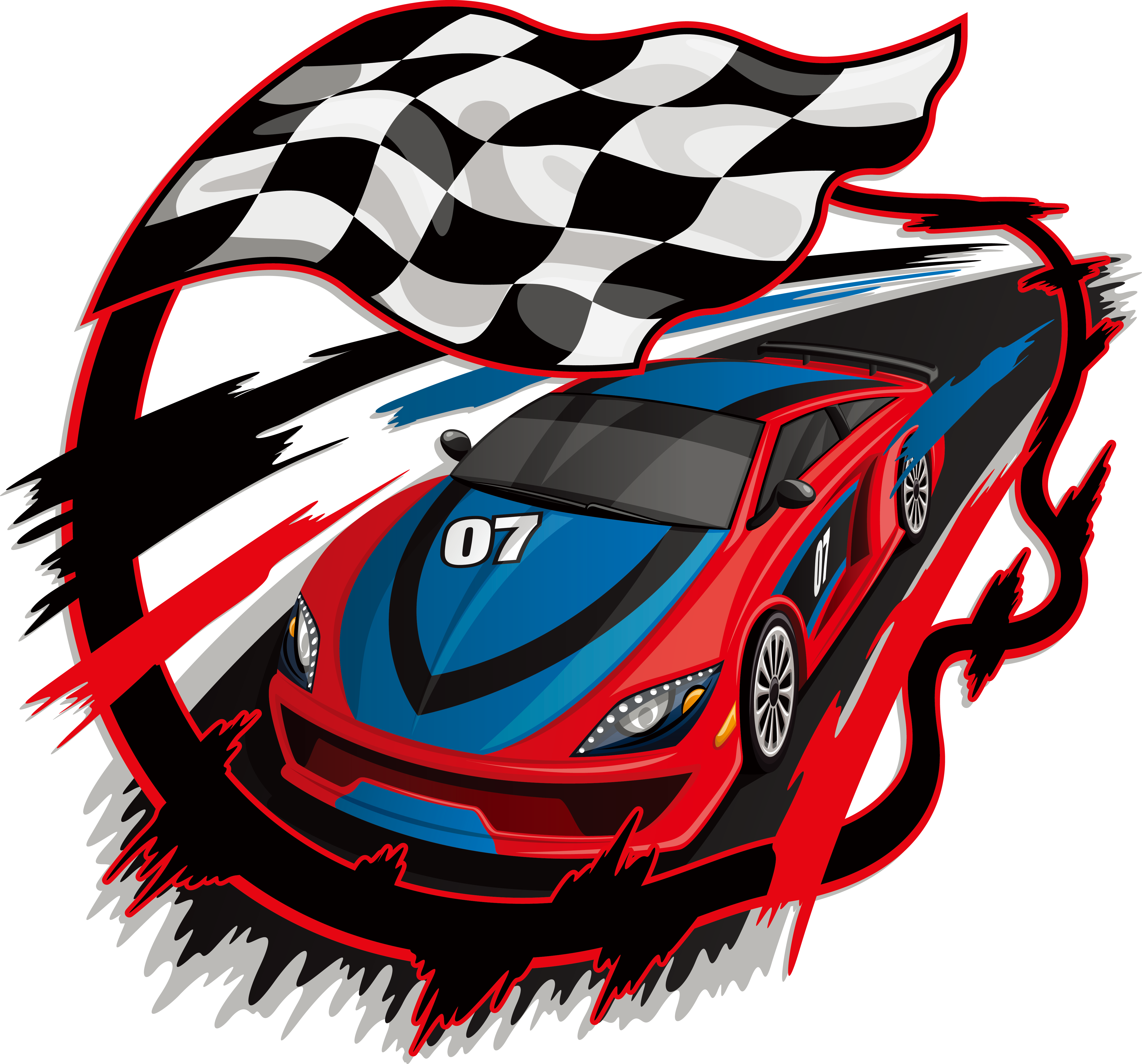 Speeding Race Car Number07with Checkered Flag