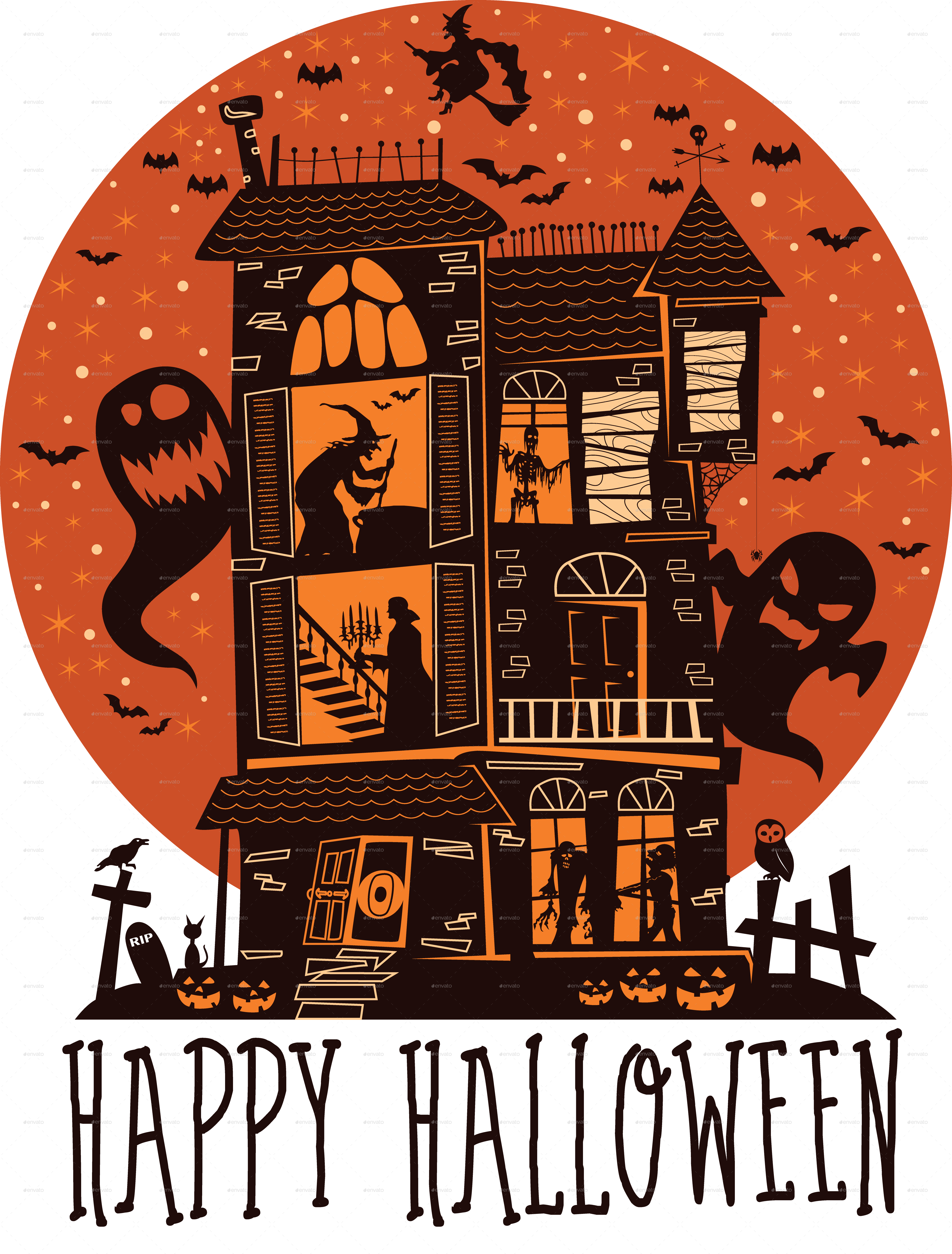 Spooky Halloween Haunted House Illustration
