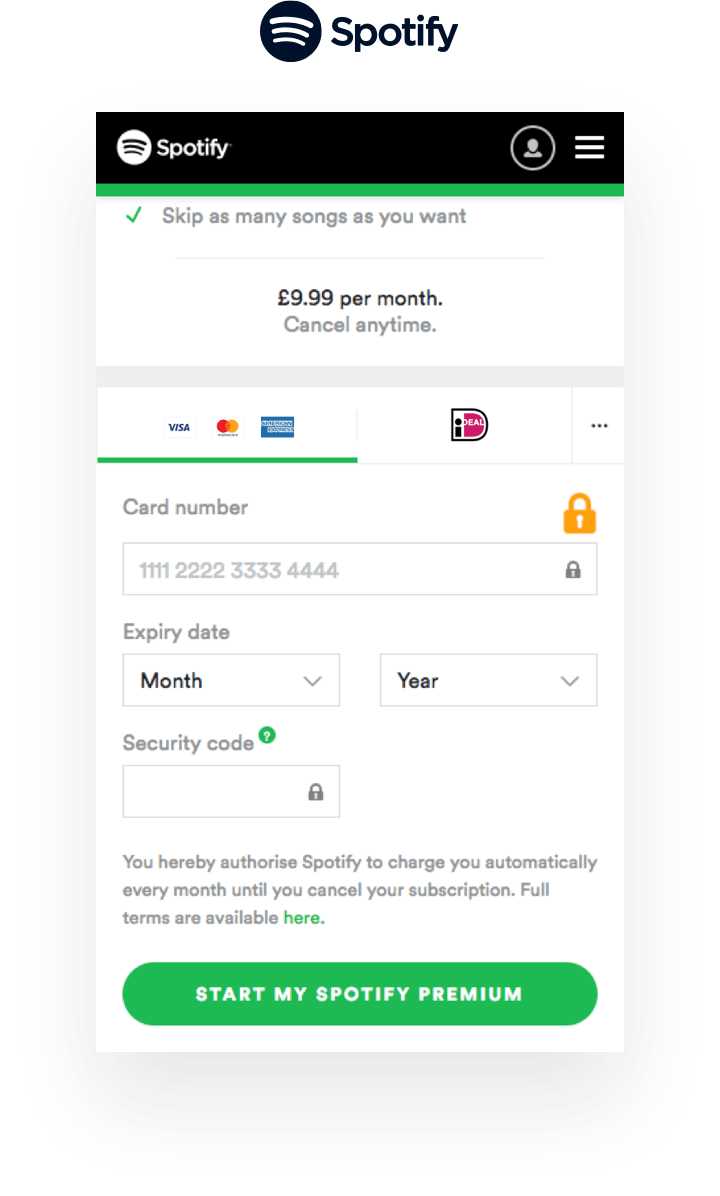 Spotify Premium Subscription Payment Interface