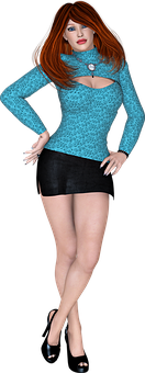 Stylish3 D Redheadin Blue Topand Black Skirt