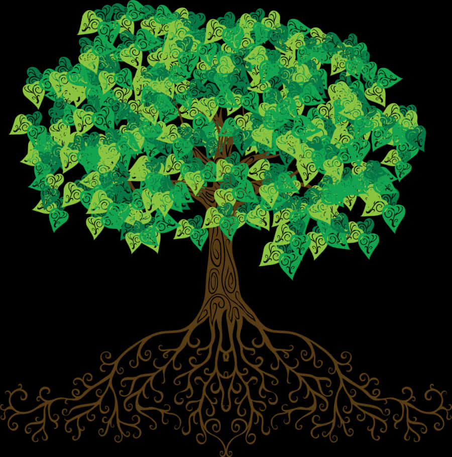 Stylized Treewith Elaborate Rootsand Green Leaves