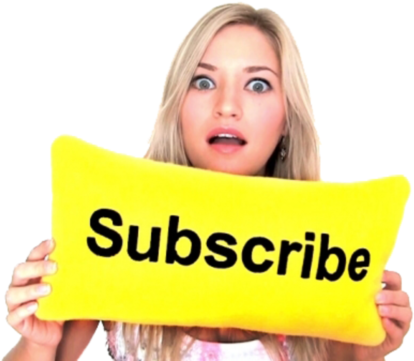 Surprised Woman Holding Subscribe Pillow