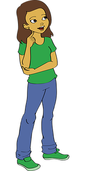 Thoughtful Cartoon Girlin Green Shirt