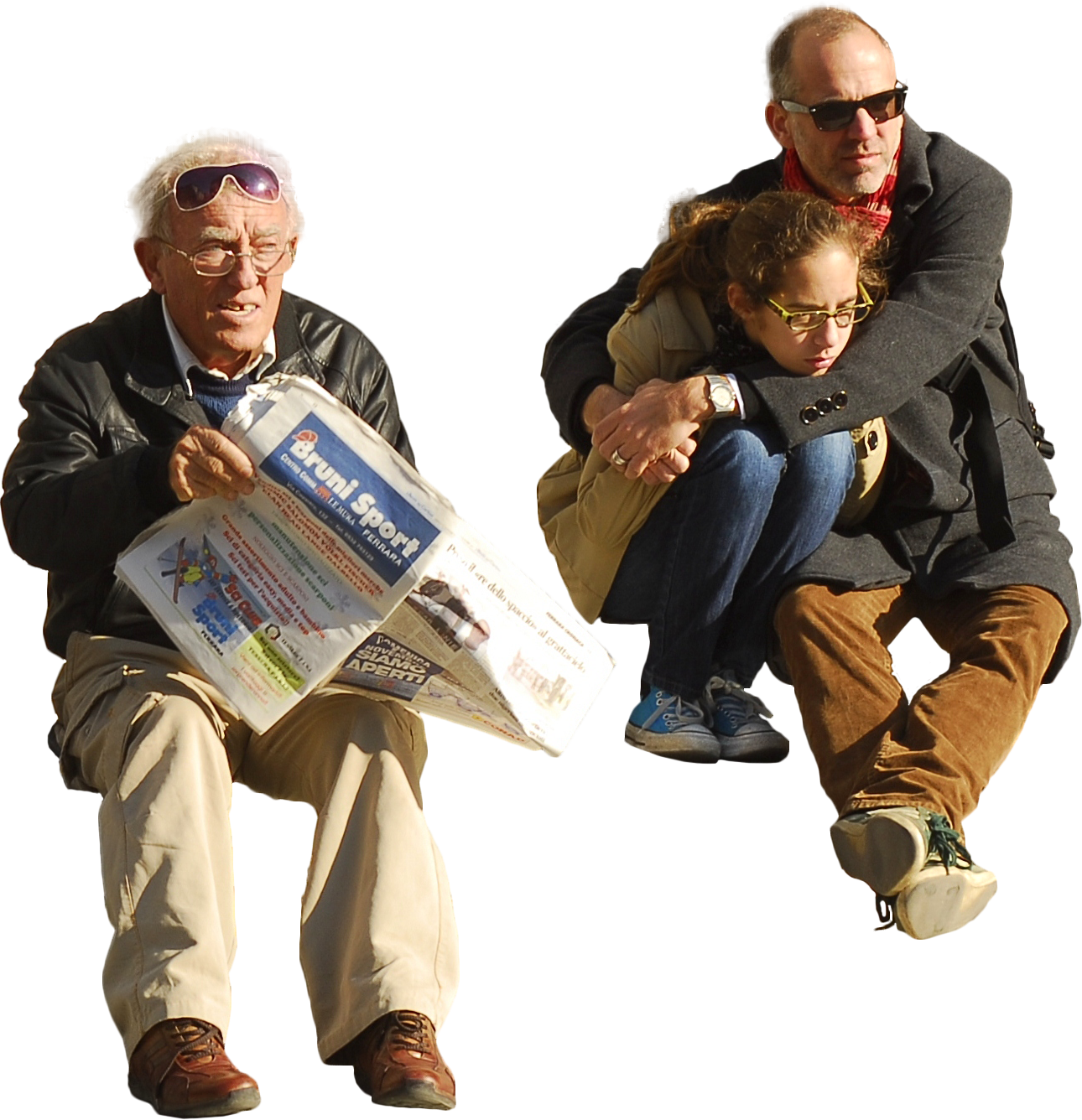 Three Person Reading Newspaperon Bench