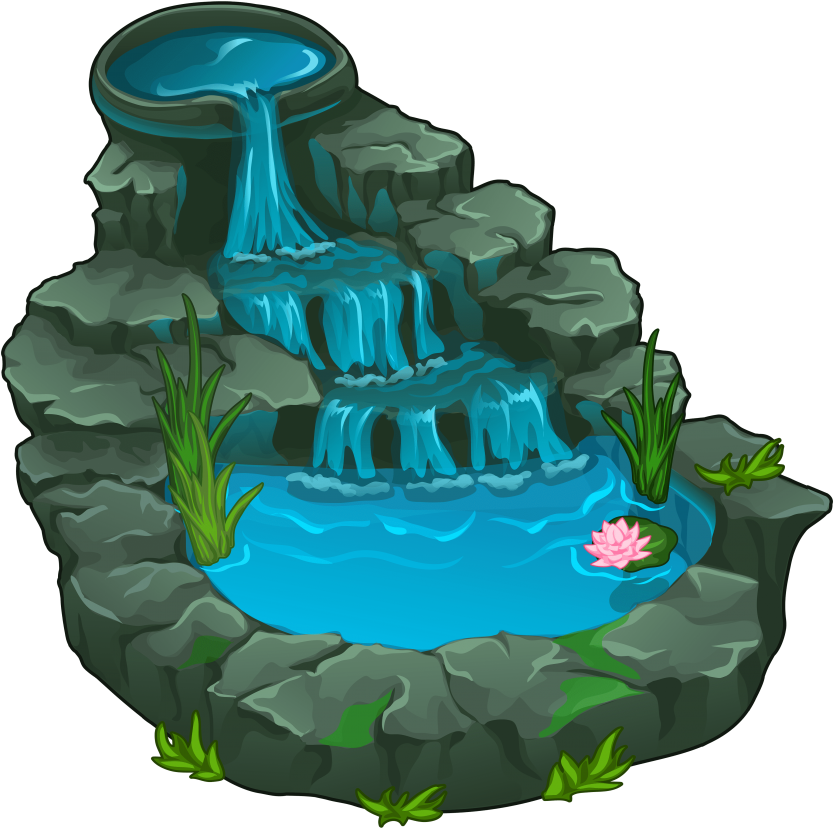 Tranquil Cartoon Waterfall Pond