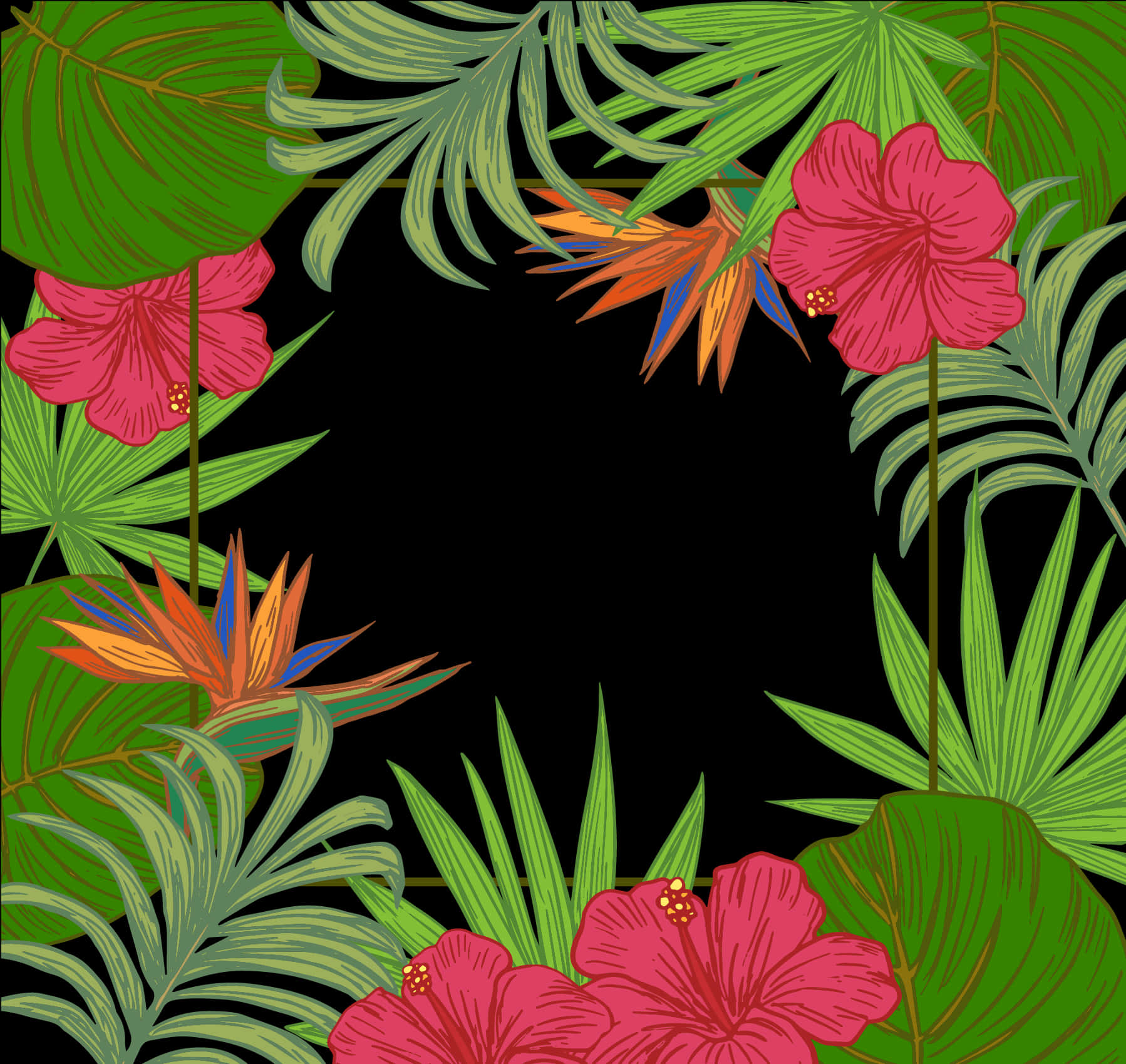 Tropical Floral Frame Black Background