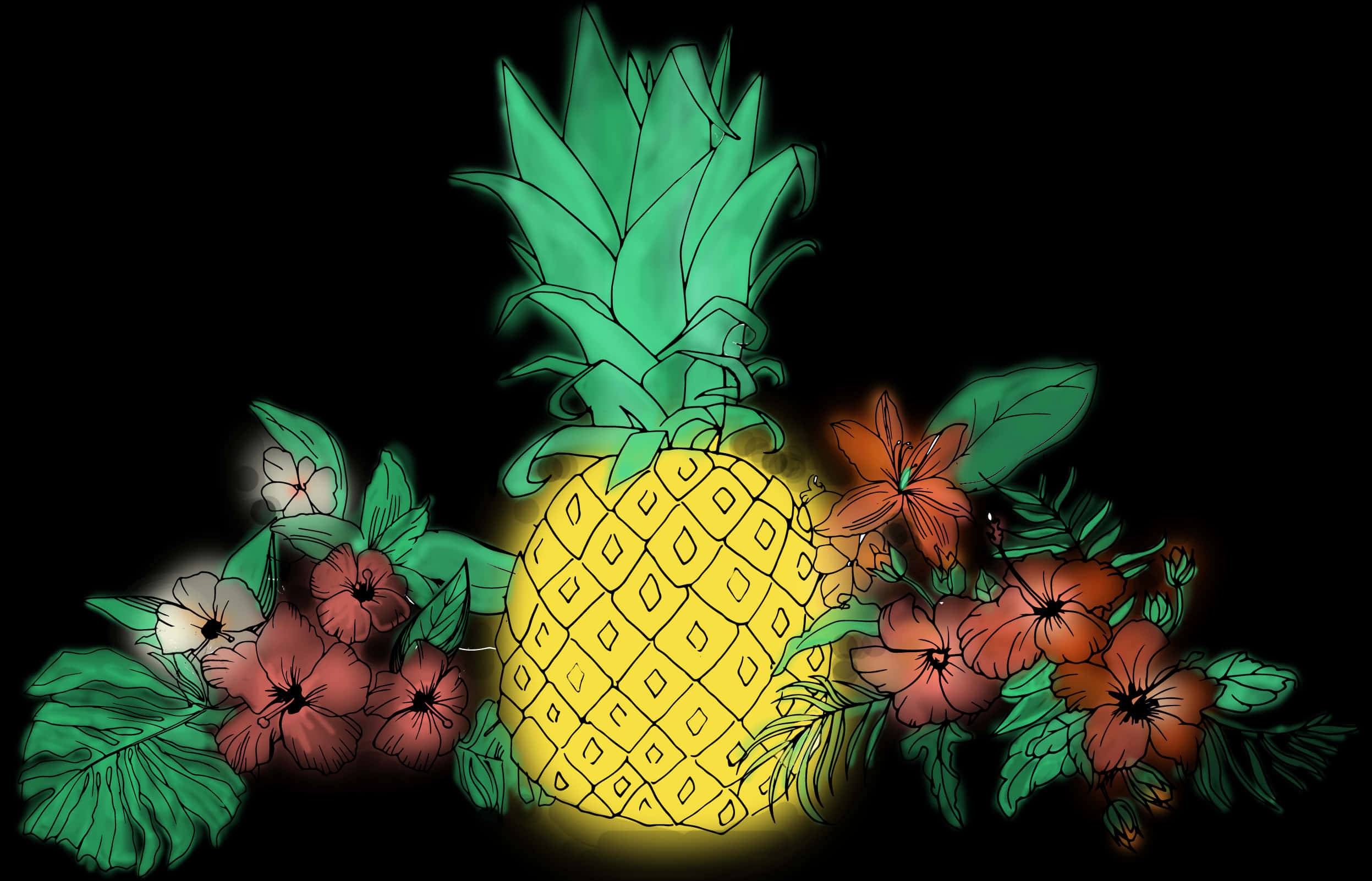 Tropical Pineappleand Flowers Illustration