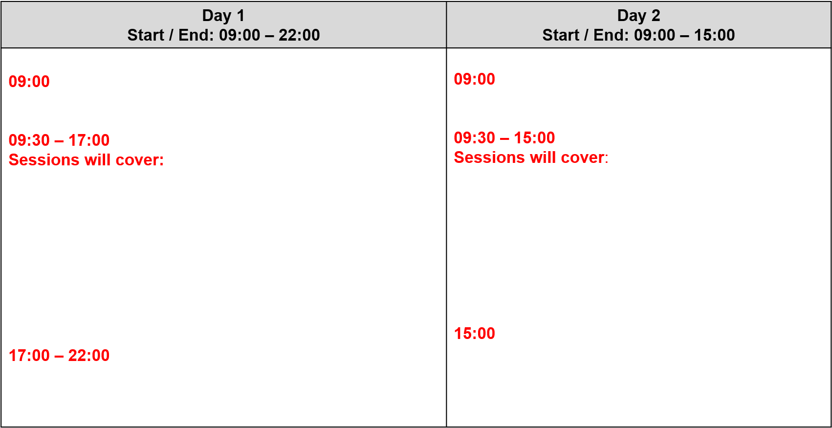 Two Day Event Agenda Schedule