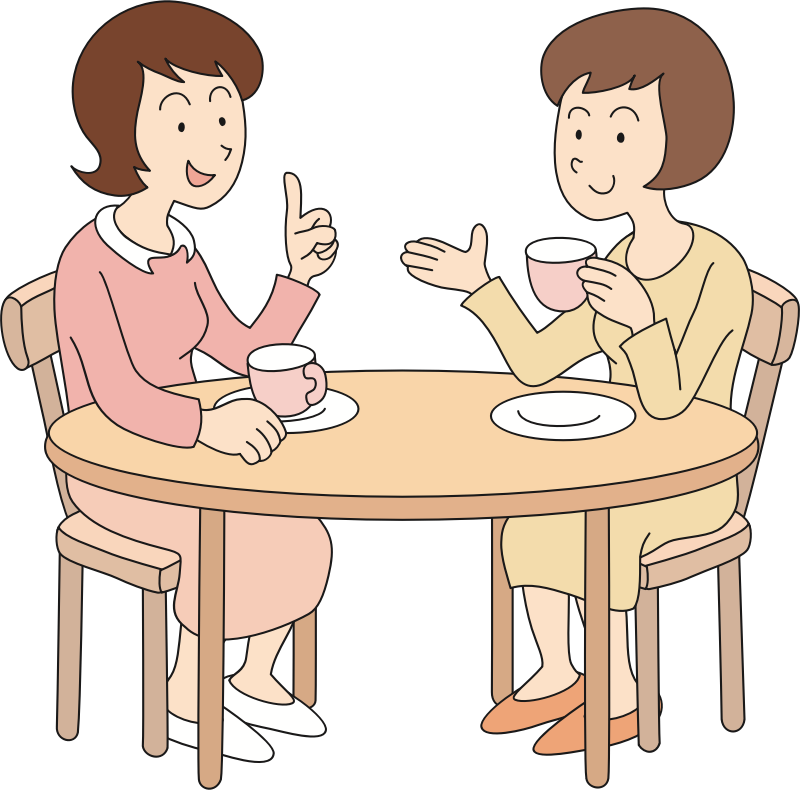 Two Women Chatting At Table Clipart