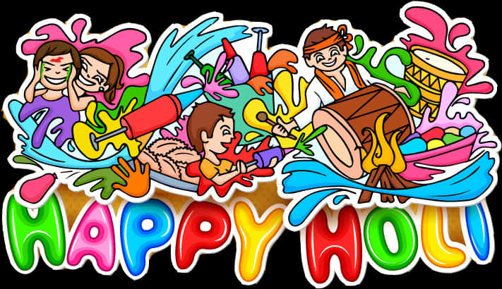 Vibrant Holi Celebration Cartoon